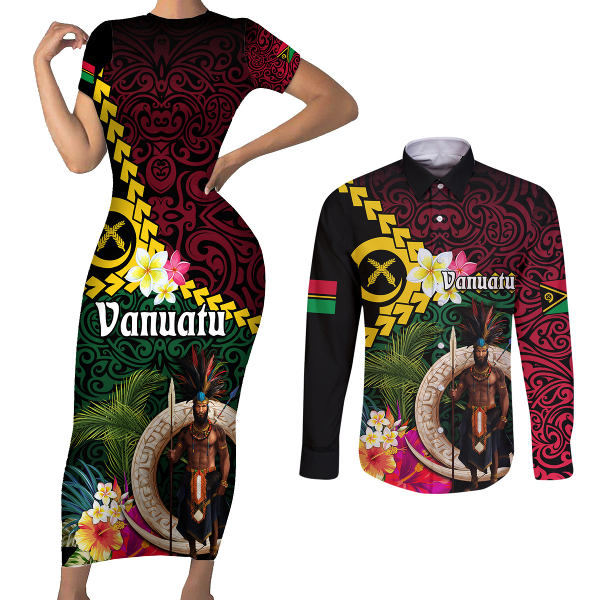 Vanuatu Indipendens Dei Couples Matching Short Sleeve Bodycon Dress and Long Sleeve Button Shirt Boars Tusk and Melanesian Warrior Hibiscus