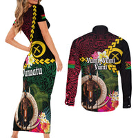 Vanuatu Indipendens Dei Couples Matching Short Sleeve Bodycon Dress and Long Sleeve Button Shirt Boars Tusk and Melanesian Warrior Hibiscus
