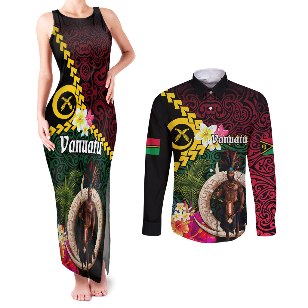 Vanuatu Indipendens Dei Couples Matching Tank Maxi Dress and Long Sleeve Button Shirt Boars Tusk and Melanesian Warrior Hibiscus