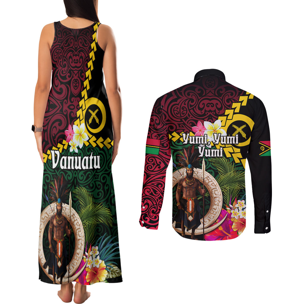 Vanuatu Indipendens Dei Couples Matching Tank Maxi Dress and Long Sleeve Button Shirt Boars Tusk and Melanesian Warrior Hibiscus