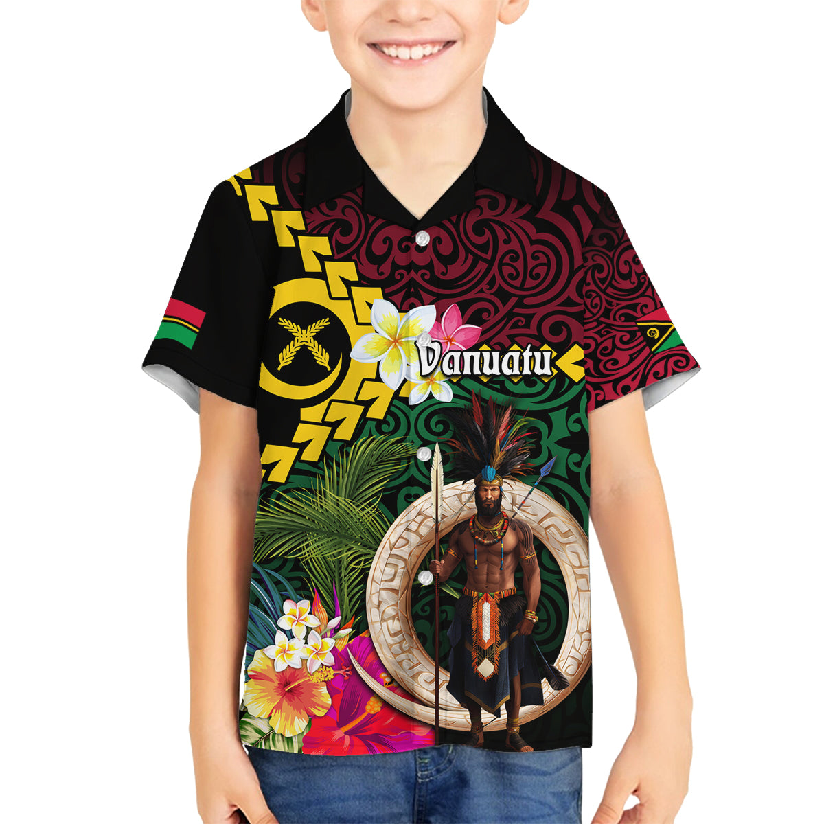 Vanuatu Indipendens Dei Family Matching Long Sleeve Bodycon Dress and Hawaiian Shirt Boars Tusk and Melanesian Warrior Hibiscus LT03 Son's Shirt Black - Polynesian Pride