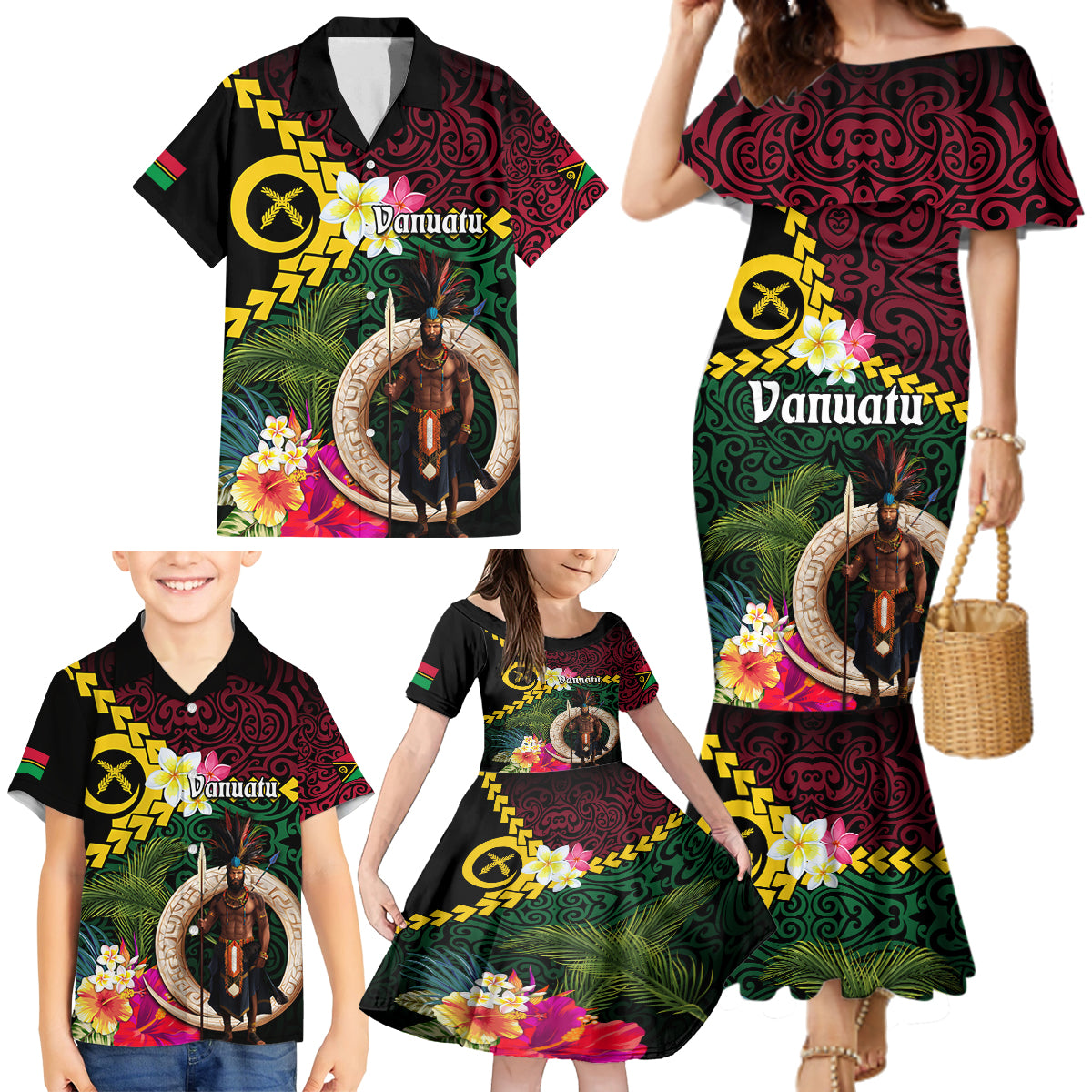 Vanuatu Indipendens Dei Family Matching Mermaid Dress and Hawaiian Shirt Boars Tusk and Melanesian Warrior Hibiscus