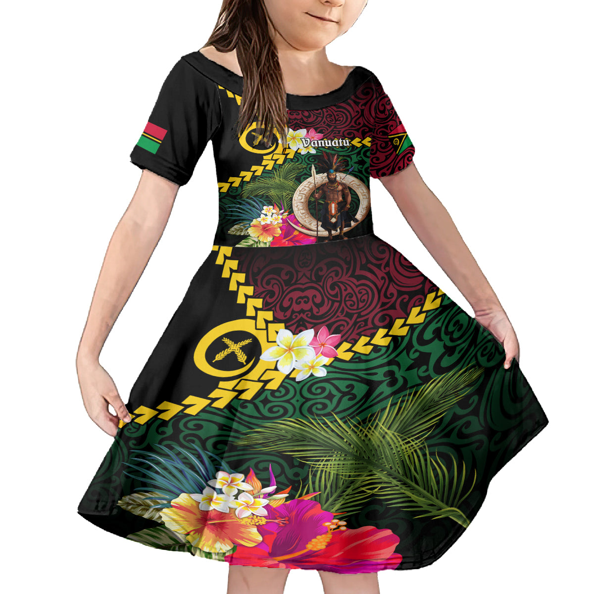 Vanuatu Indipendens Dei Family Matching Off The Shoulder Long Sleeve Dress and Hawaiian Shirt Boars Tusk and Melanesian Warrior Hibiscus LT03 Daughter's Dress Black - Polynesian Pride