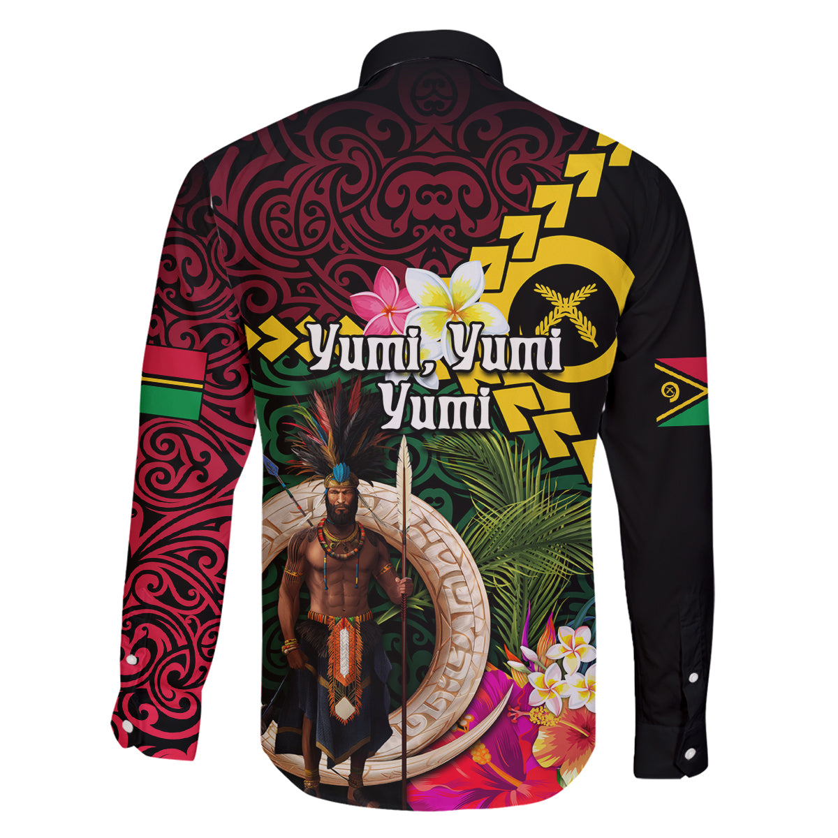 Vanuatu Indipendens Dei Family Matching Off The Shoulder Long Sleeve Dress and Hawaiian Shirt Boars Tusk and Melanesian Warrior Hibiscus LT03 - Polynesian Pride