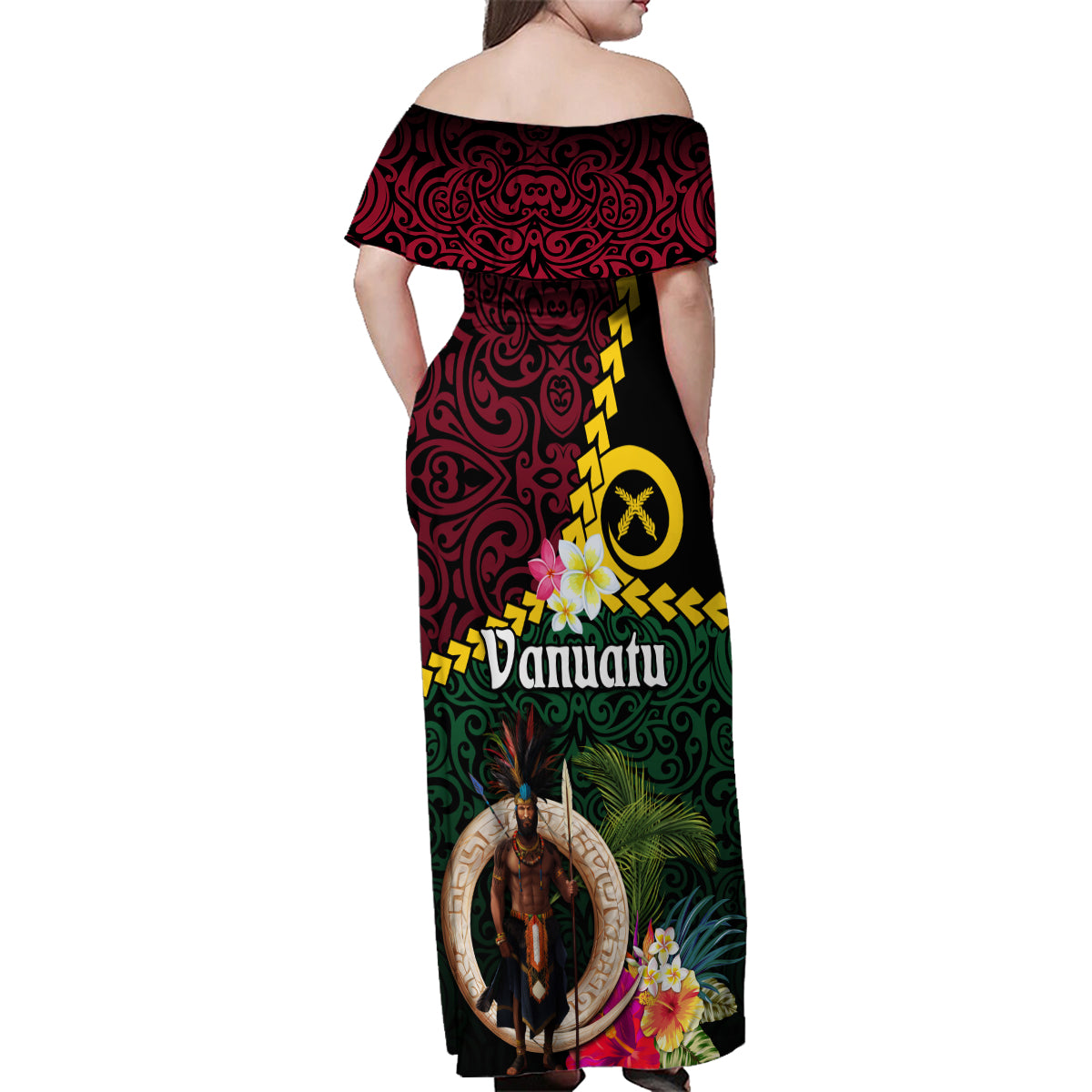 Vanuatu Indipendens Dei Family Matching Off Shoulder Maxi Dress and Hawaiian Shirt Boars Tusk and Melanesian Warrior Hibiscus