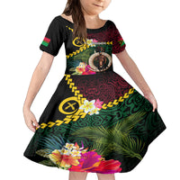 Vanuatu Indipendens Dei Family Matching Puletasi and Hawaiian Shirt Boars Tusk and Melanesian Warrior Hibiscus LT03 Daughter's Dress Black - Polynesian Pride