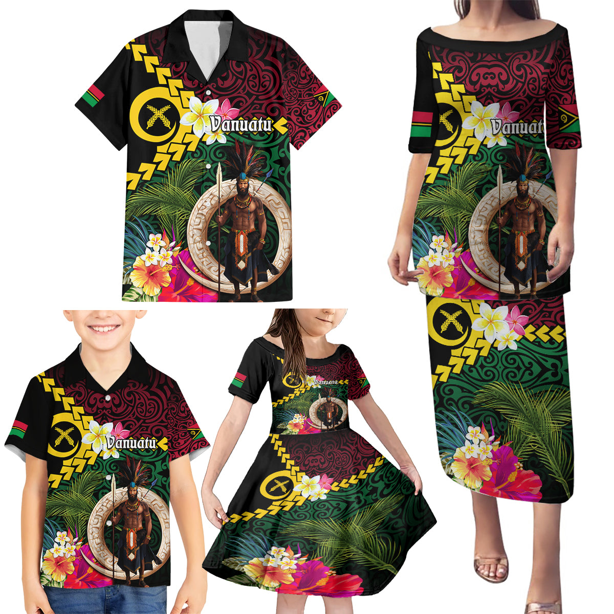 Vanuatu Indipendens Dei Family Matching Puletasi and Hawaiian Shirt Boars Tusk and Melanesian Warrior Hibiscus LT03 - Polynesian Pride