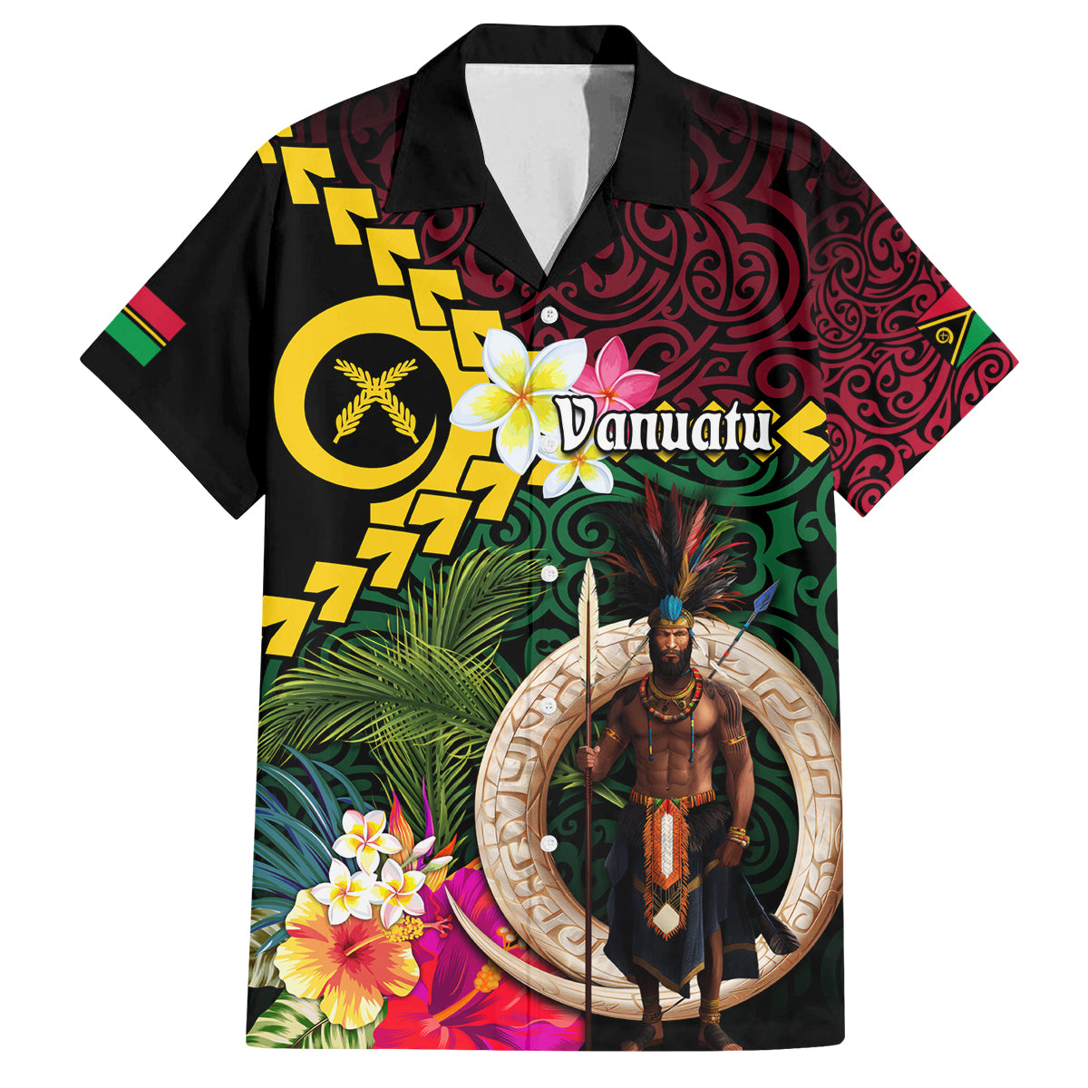 Vanuatu Indipendens Dei Family Matching Puletasi and Hawaiian Shirt Boars Tusk and Melanesian Warrior Hibiscus LT03 Dad's Shirt - Short Sleeve Black - Polynesian Pride