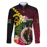 Vanuatu Indipendens Dei Family Matching Puletasi and Hawaiian Shirt Boars Tusk and Melanesian Warrior Hibiscus LT03 Dad's Shirt - Long Sleeve Black - Polynesian Pride