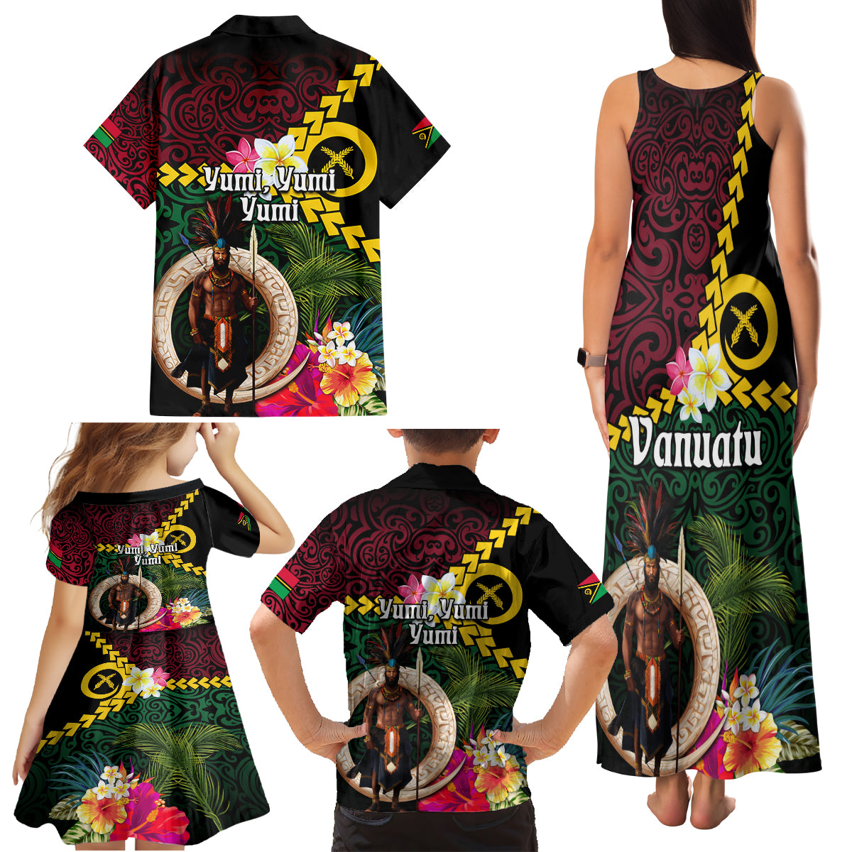 Vanuatu Indipendens Dei Family Matching Tank Maxi Dress and Hawaiian Shirt Boars Tusk and Melanesian Warrior Hibiscus LT03 - Polynesian Pride