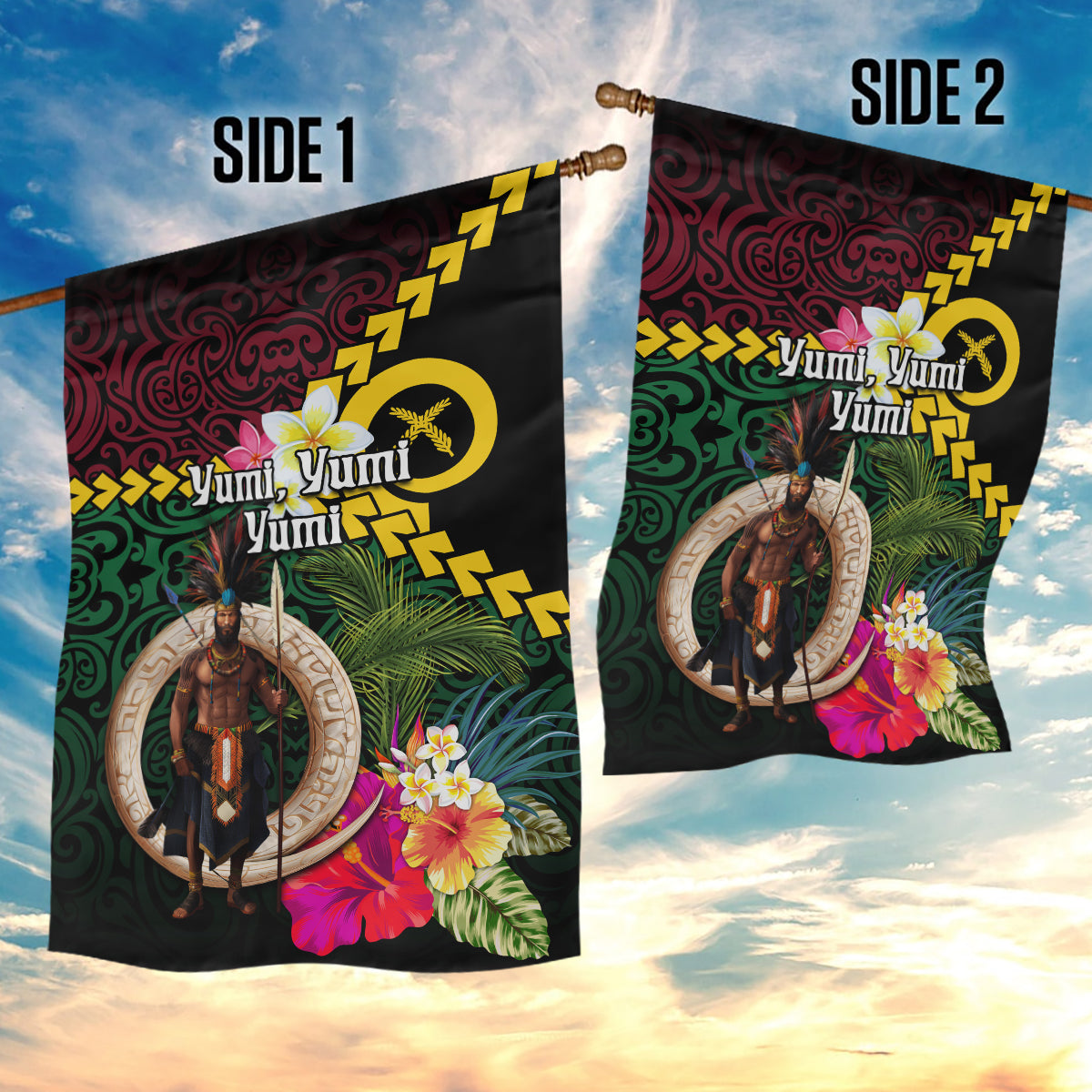 Vanuatu Indipendens Dei Garden Flag Boars Tusk and Melanesian Warrior Hibiscus