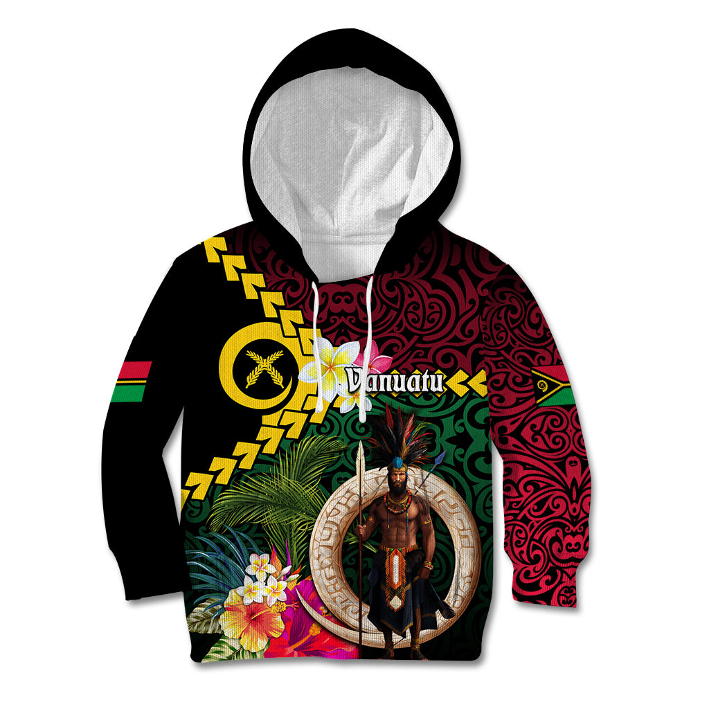 Vanuatu Indipendens Dei Kid Hoodie Boars Tusk and Melanesian Warrior Hibiscus LT03 Hoodie Black - Polynesian Pride