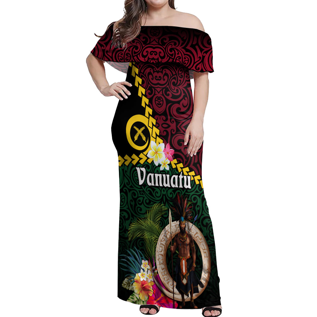 Vanuatu Indipendens Dei Off Shoulder Maxi Dress Boars Tusk and Melanesian Warrior Hibiscus