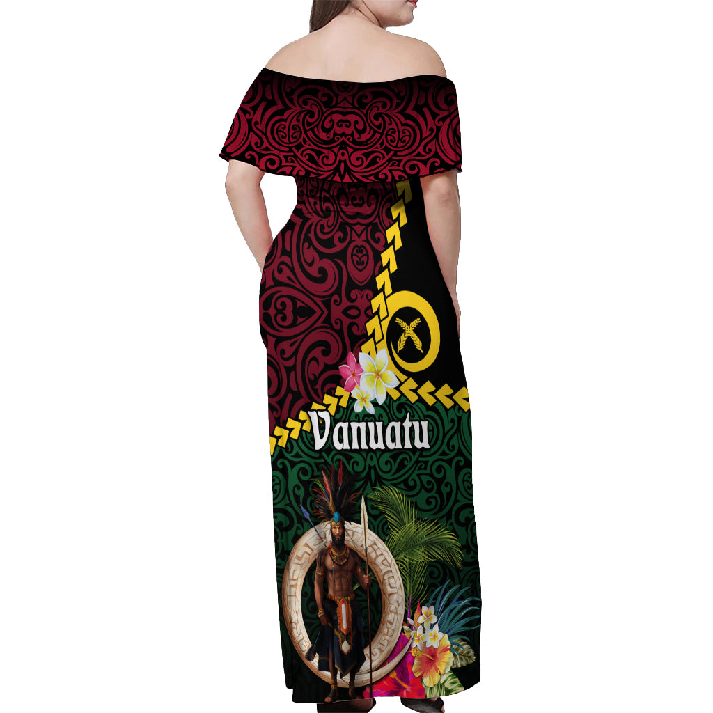Vanuatu Indipendens Dei Off Shoulder Maxi Dress Boars Tusk and Melanesian Warrior Hibiscus