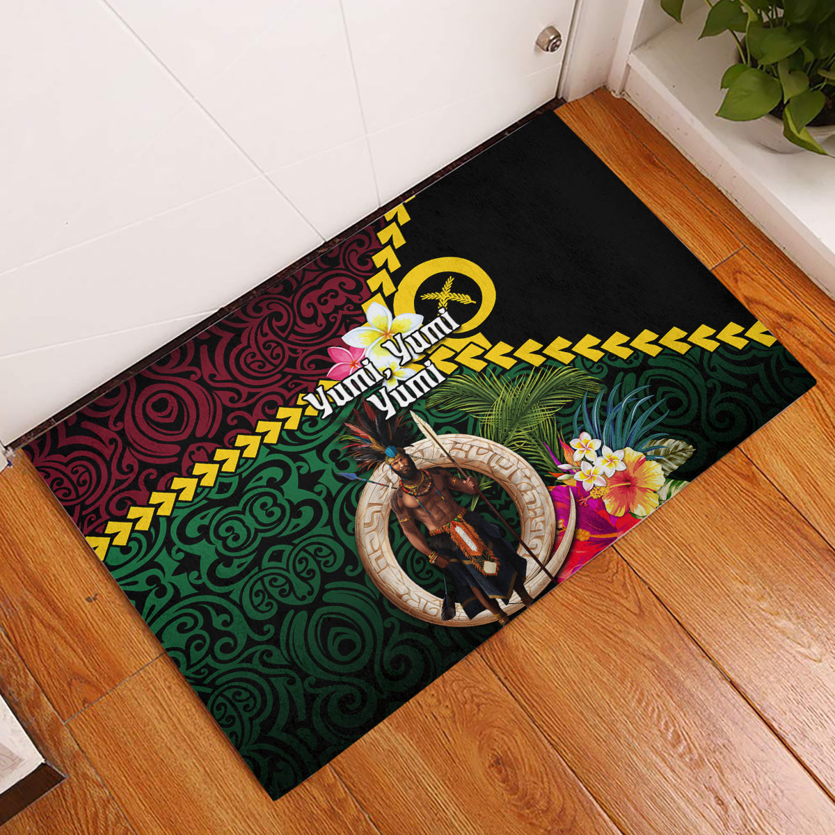 Vanuatu Indipendens Dei Rubber Doormat Boars Tusk and Melanesian Warrior Hibiscus