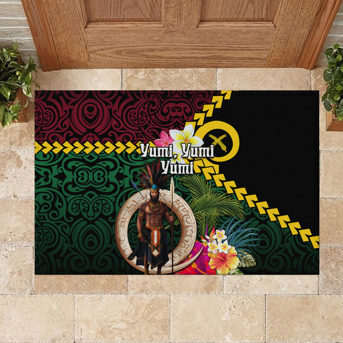 Vanuatu Indipendens Dei Rubber Doormat Boars Tusk and Melanesian Warrior Hibiscus