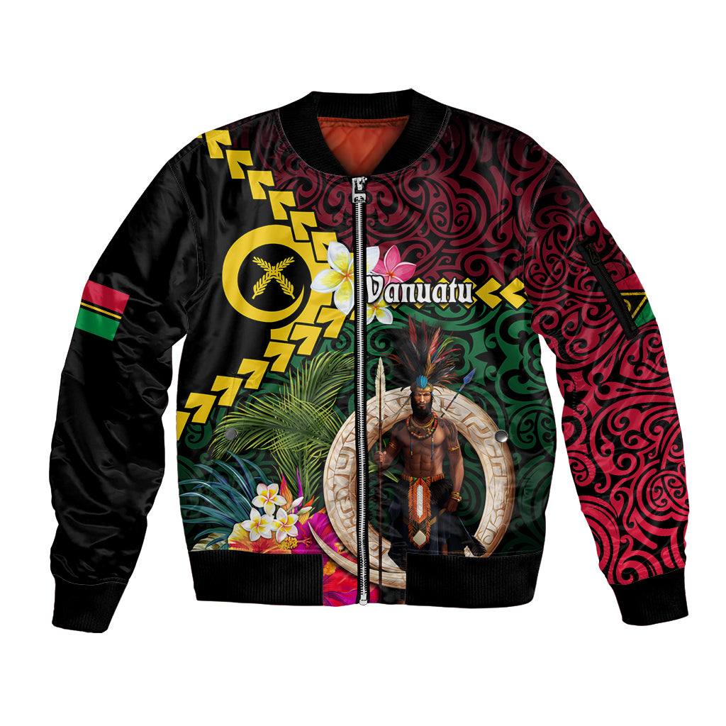 Vanuatu Indipendens Dei Sleeve Zip Bomber Jacket Boars Tusk and Melanesian Warrior Hibiscus