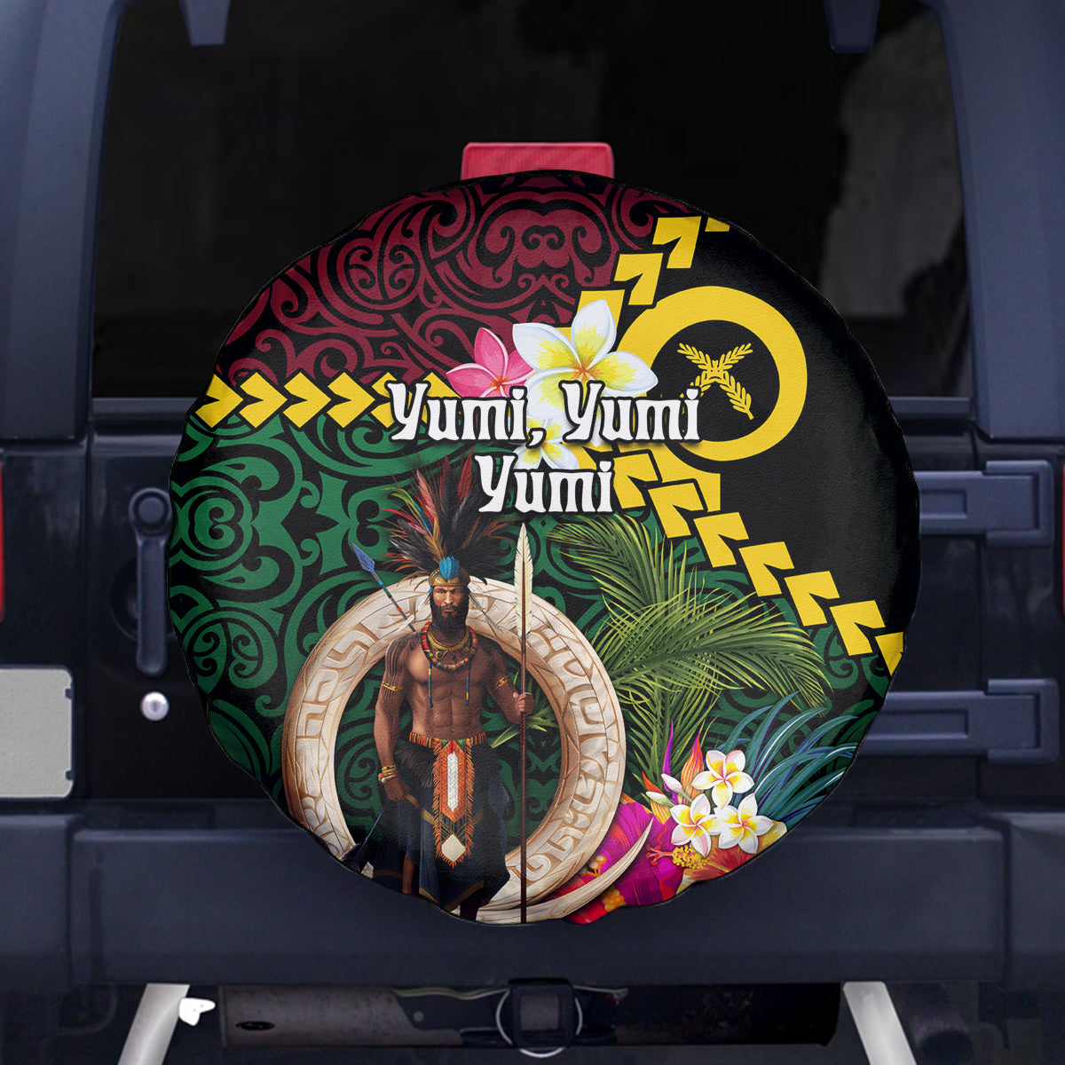 Vanuatu Indipendens Dei Spare Tire Cover Boars Tusk and Melanesian Warrior Hibiscus