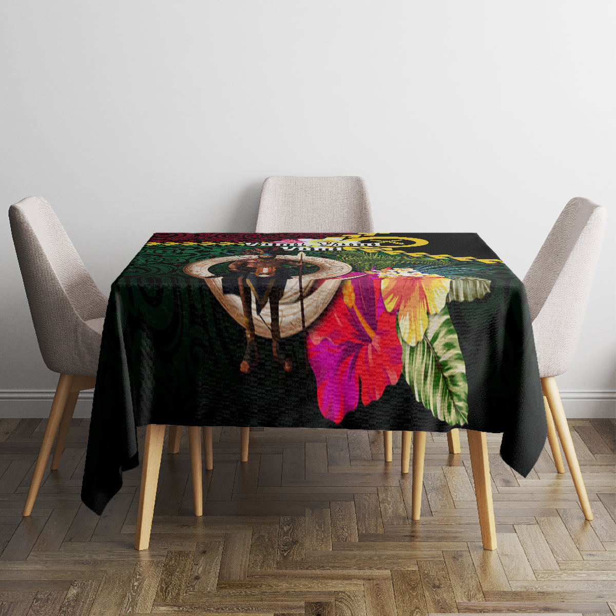 Vanuatu Indipendens Dei Tablecloth Boars Tusk and Melanesian Warrior Hibiscus