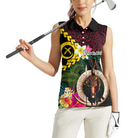 Vanuatu Indipendens Dei Women Sleeveless Polo Shirt Boars Tusk and Melanesian Warrior Hibiscus