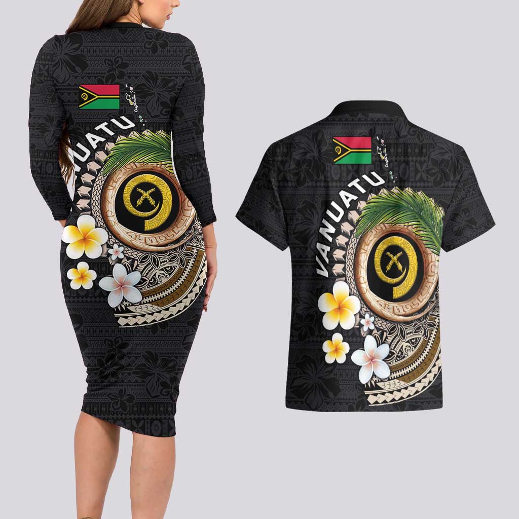 Vanuatu Independence Day Couples Matching Long Sleeve Bodycon Dress and Hawaiian Shirt Melanesian Tribal Pig Tusk with Tropical Plants LT03 - Polynesian Pride