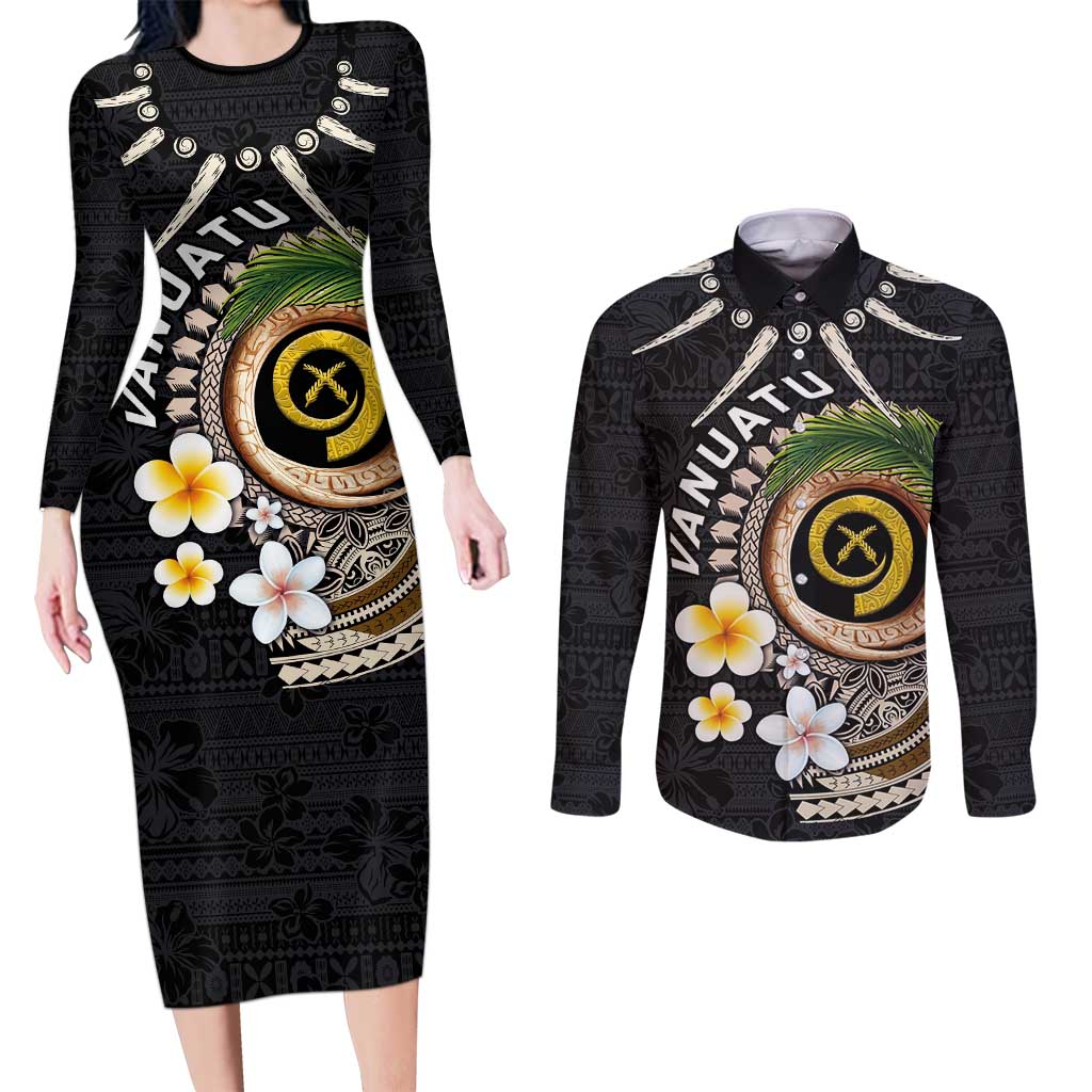 Vanuatu Independence Day Couples Matching Long Sleeve Bodycon Dress and Long Sleeve Button Shirt Melanesian Tribal Pig Tusk with Tropical Plants LT03 Black - Polynesian Pride