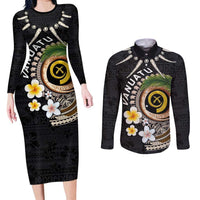 Vanuatu Independence Day Couples Matching Long Sleeve Bodycon Dress and Long Sleeve Button Shirt Melanesian Tribal Pig Tusk with Tropical Plants LT03 Black - Polynesian Pride