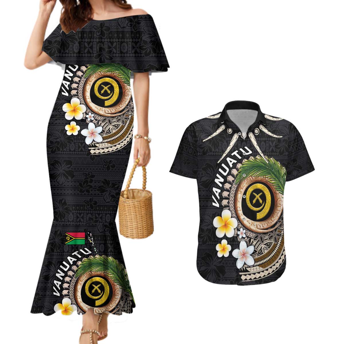 Vanuatu Independence Day Couples Matching Mermaid Dress and Hawaiian Shirt Melanesian Tribal Pig Tusk with Tropical Plants
