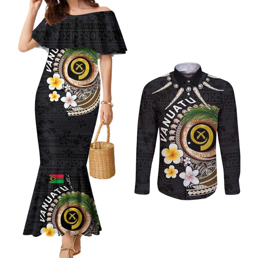 Vanuatu Independence Day Couples Matching Mermaid Dress and Long Sleeve Button Shirt Melanesian Tribal Pig Tusk with Tropical Plants LT03 Black - Polynesian Pride