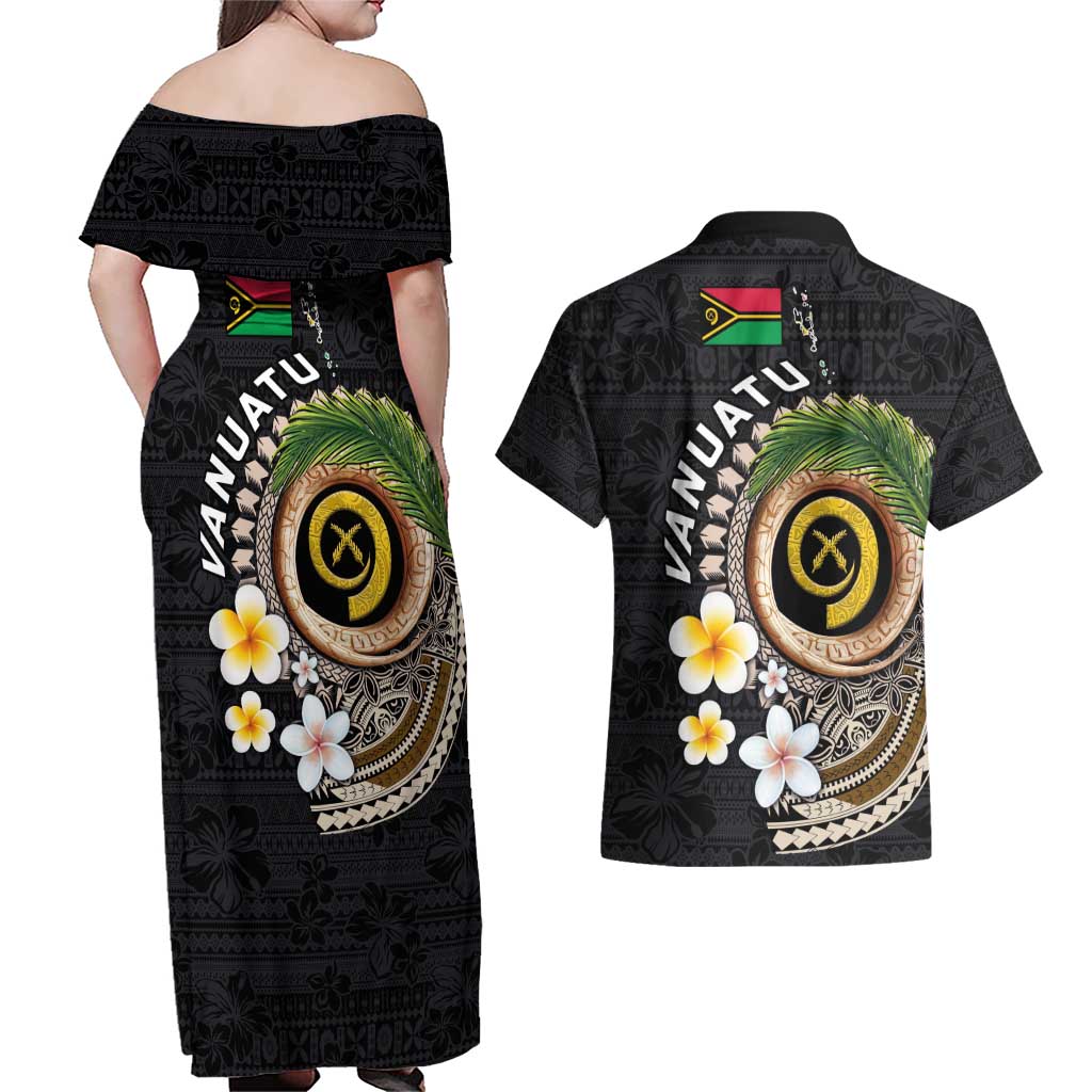 Vanuatu Independence Day Couples Matching Off Shoulder Maxi Dress and Hawaiian Shirt Melanesian Tribal Pig Tusk with Tropical Plants LT03 - Polynesian Pride