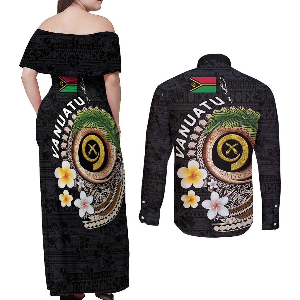 Vanuatu Independence Day Couples Matching Off Shoulder Maxi Dress and Long Sleeve Button Shirt Melanesian Tribal Pig Tusk with Tropical Plants LT03 - Polynesian Pride