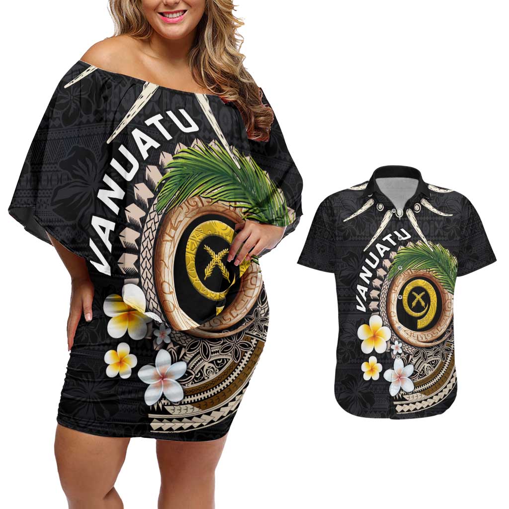 Vanuatu Independence Day Couples Matching Off Shoulder Short Dress and Hawaiian Shirt Melanesian Tribal Pig Tusk with Tropical Plants LT03 Black - Polynesian Pride