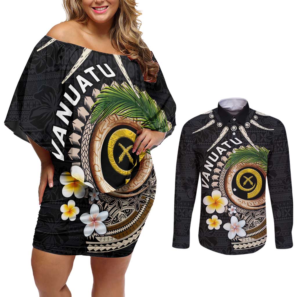 Vanuatu Independence Day Couples Matching Off Shoulder Short Dress and Long Sleeve Button Shirt Melanesian Tribal Pig Tusk with Tropical Plants LT03 Black - Polynesian Pride