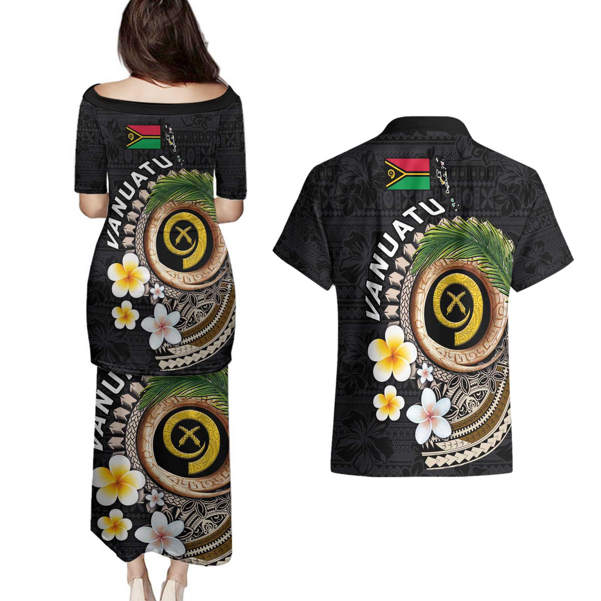 Vanuatu Independence Day Couples Matching Puletasi and Hawaiian Shirt Melanesian Tribal Pig Tusk with Tropical Plants LT03 - Polynesian Pride
