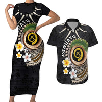 Vanuatu Independence Day Couples Matching Short Sleeve Bodycon Dress and Hawaiian Shirt Melanesian Tribal Pig Tusk with Tropical Plants LT03 Black - Polynesian Pride