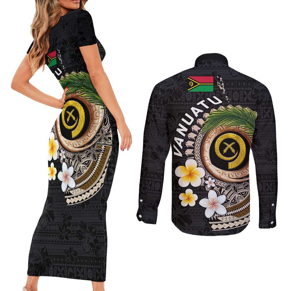 Vanuatu Independence Day Couples Matching Short Sleeve Bodycon Dress and Long Sleeve Button Shirt Melanesian Tribal Pig Tusk with Tropical Plants LT03 - Polynesian Pride