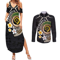 Vanuatu Independence Day Couples Matching Summer Maxi Dress and Long Sleeve Button Shirt Melanesian Tribal Pig Tusk with Tropical Plants LT03 Black - Polynesian Pride
