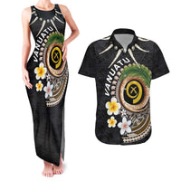 Vanuatu Independence Day Couples Matching Tank Maxi Dress and Hawaiian Shirt Melanesian Tribal Pig Tusk with Tropical Plants LT03 Black - Polynesian Pride