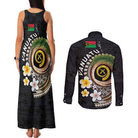 Vanuatu Independence Day Couples Matching Tank Maxi Dress and Long Sleeve Button Shirt Melanesian Tribal Pig Tusk with Tropical Plants LT03 - Polynesian Pride