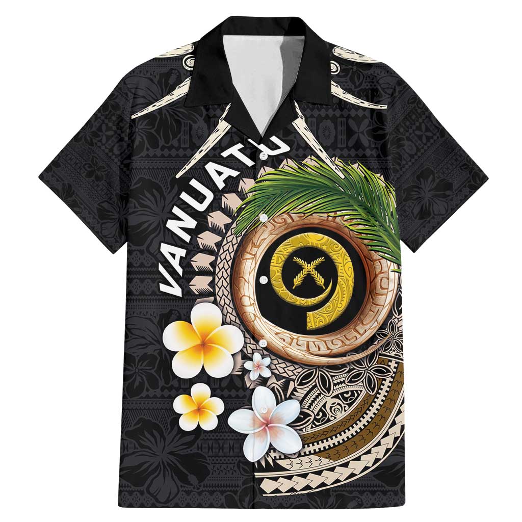Vanuatu Independence Day Family Matching Mermaid Dress and Hawaiian Shirt Melanesian Tribal Pig Tusk with Tropical Plants LT03 Dad's Shirt - Short Sleeve Black - Polynesian Pride