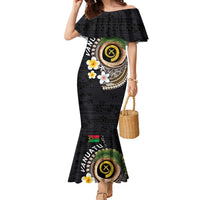 Vanuatu Independence Day Family Matching Mermaid Dress and Hawaiian Shirt Melanesian Tribal Pig Tusk with Tropical Plants LT03 Mom's Dress Black - Polynesian Pride
