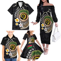 Vanuatu Independence Day Family Matching Off The Shoulder Long Sleeve Dress and Hawaiian Shirt Melanesian Tribal Pig Tusk with Tropical Plants LT03 - Polynesian Pride