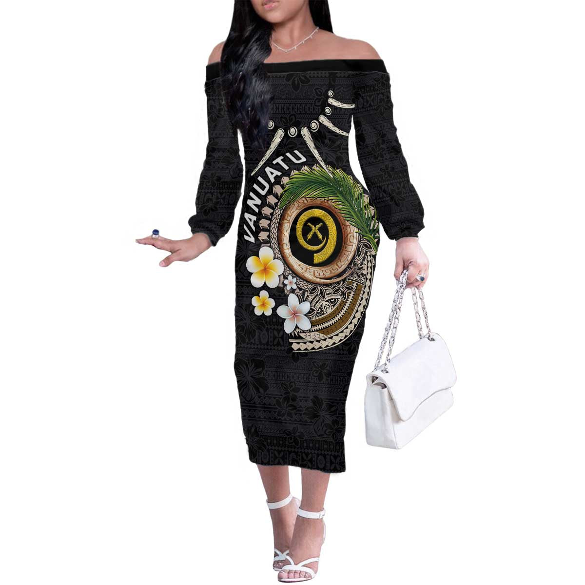 Vanuatu Independence Day Family Matching Off The Shoulder Long Sleeve Dress and Hawaiian Shirt Melanesian Tribal Pig Tusk with Tropical Plants LT03 Mom's Dress Black - Polynesian Pride