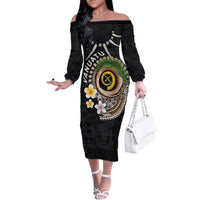 Vanuatu Independence Day Family Matching Off The Shoulder Long Sleeve Dress and Hawaiian Shirt Melanesian Tribal Pig Tusk with Tropical Plants LT03 Mom's Dress Black - Polynesian Pride
