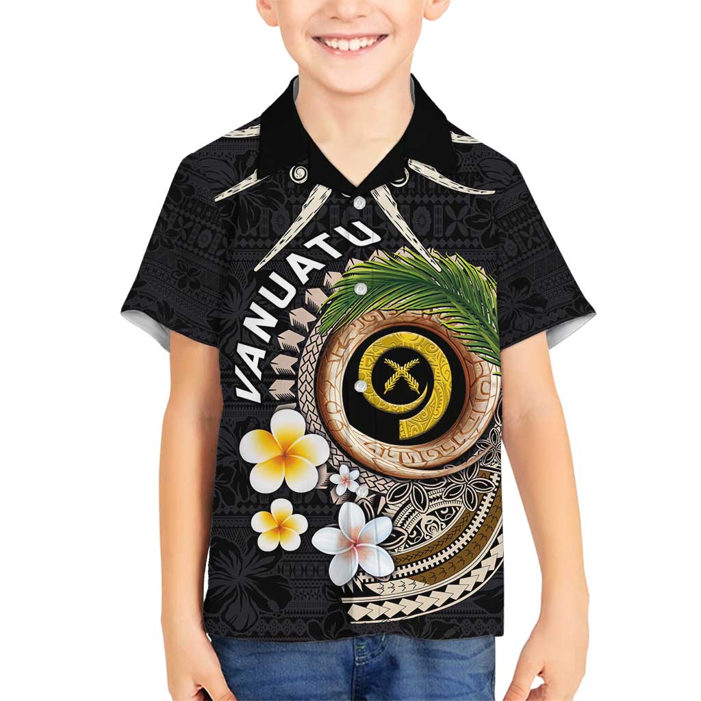 Vanuatu Independence Day Family Matching Off Shoulder Maxi Dress and Hawaiian Shirt Melanesian Tribal Pig Tusk with Tropical Plants LT03 Son's Shirt Black - Polynesian Pride