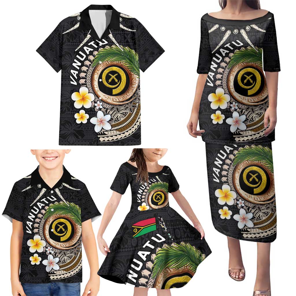 Vanuatu Independence Day Family Matching Puletasi and Hawaiian Shirt Melanesian Tribal Pig Tusk with Tropical Plants LT03 - Polynesian Pride