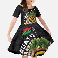 Vanuatu Independence Day Family Matching Short Sleeve Bodycon Dress and Hawaiian Shirt Melanesian Tribal Pig Tusk with Tropical Plants LT03 Daughter's Dress Black - Polynesian Pride