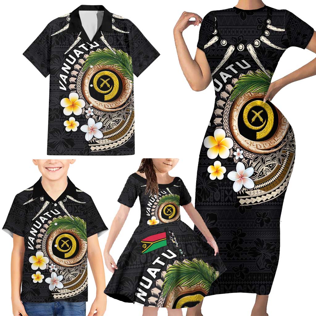 Vanuatu Independence Day Family Matching Short Sleeve Bodycon Dress and Hawaiian Shirt Melanesian Tribal Pig Tusk with Tropical Plants LT03 - Polynesian Pride