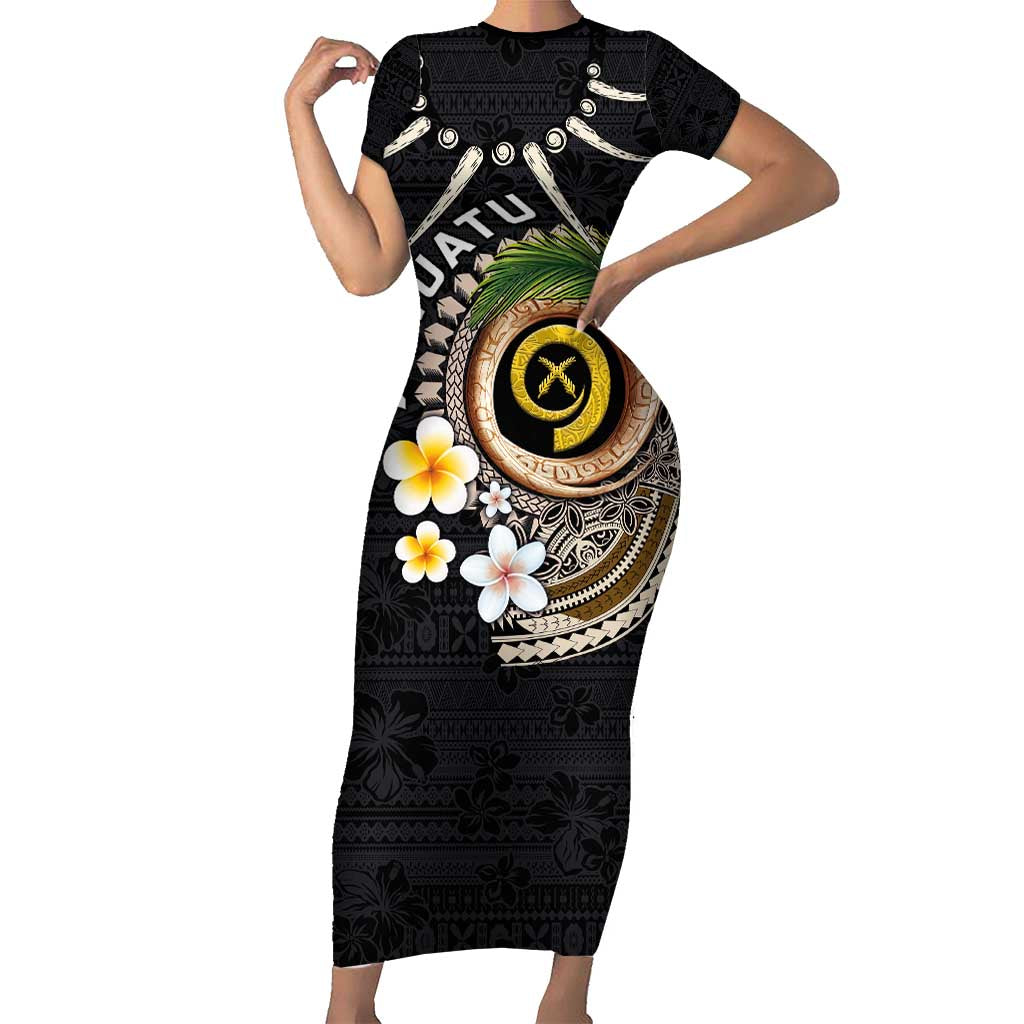 Vanuatu Independence Day Family Matching Short Sleeve Bodycon Dress and Hawaiian Shirt Melanesian Tribal Pig Tusk with Tropical Plants LT03 Mom's Dress Black - Polynesian Pride