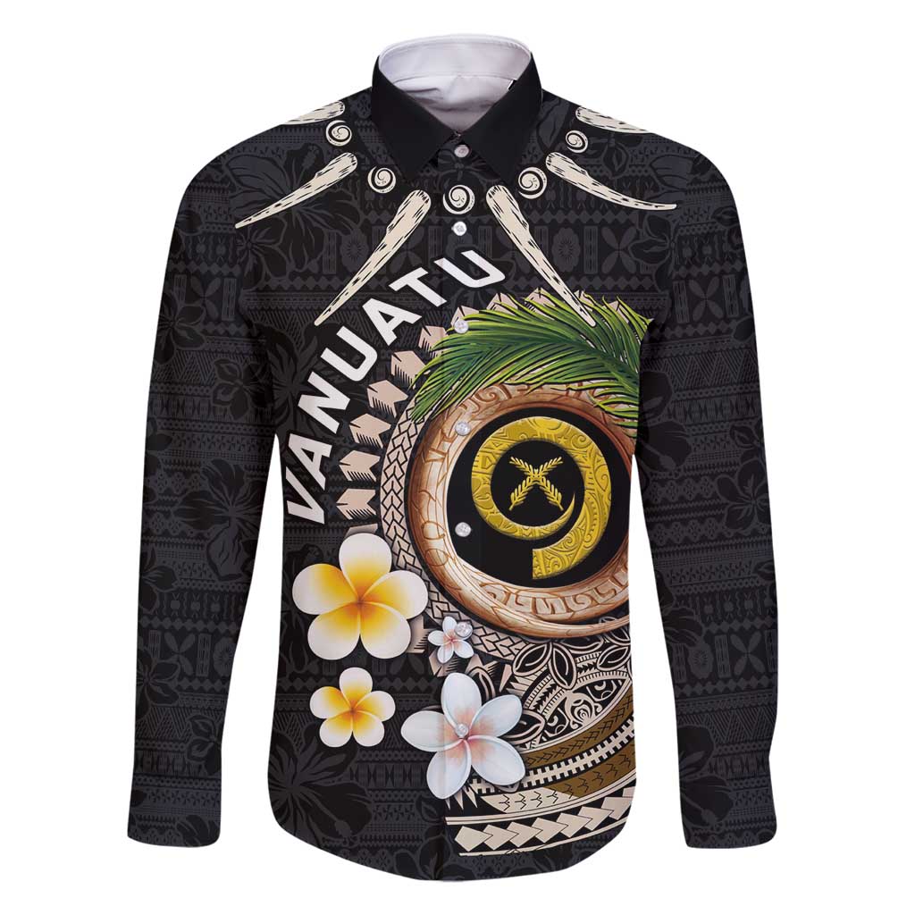 Vanuatu Independence Day Family Matching Summer Maxi Dress and Hawaiian Shirt Melanesian Tribal Pig Tusk with Tropical Plants LT03 Dad's Shirt - Long Sleeve Black - Polynesian Pride